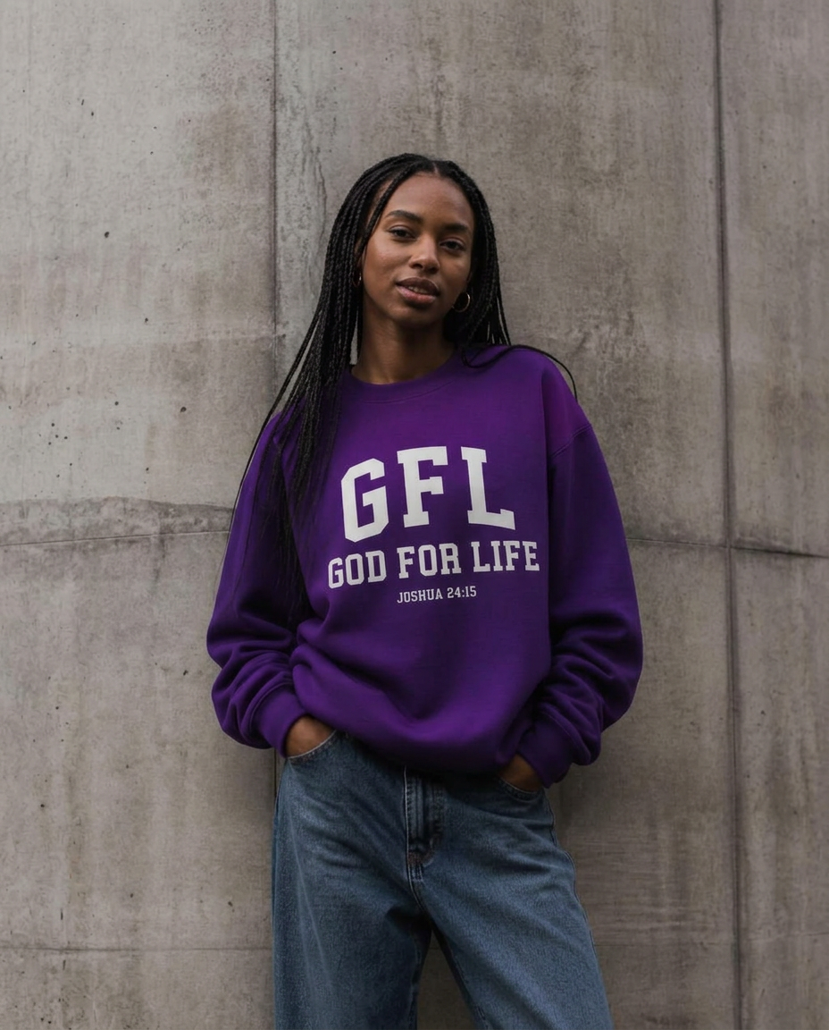 Woman with braids wearing a royal purple God for Life crewneck