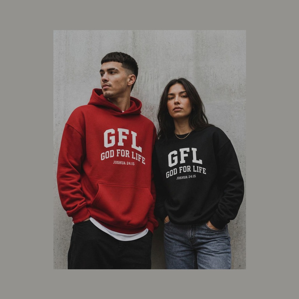 Couple wearing red and black God for Life fleece