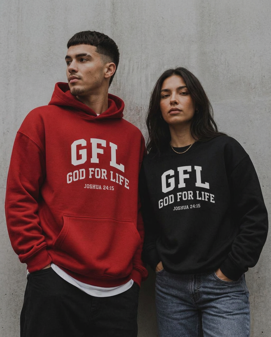 Couple wearing red and black God for Life fleece