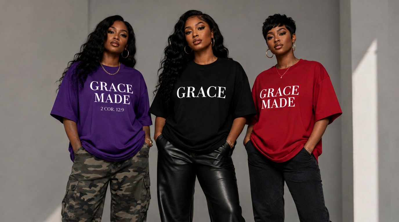 Three models wearing Grace Made oversized t-shirts in purple, black, and red