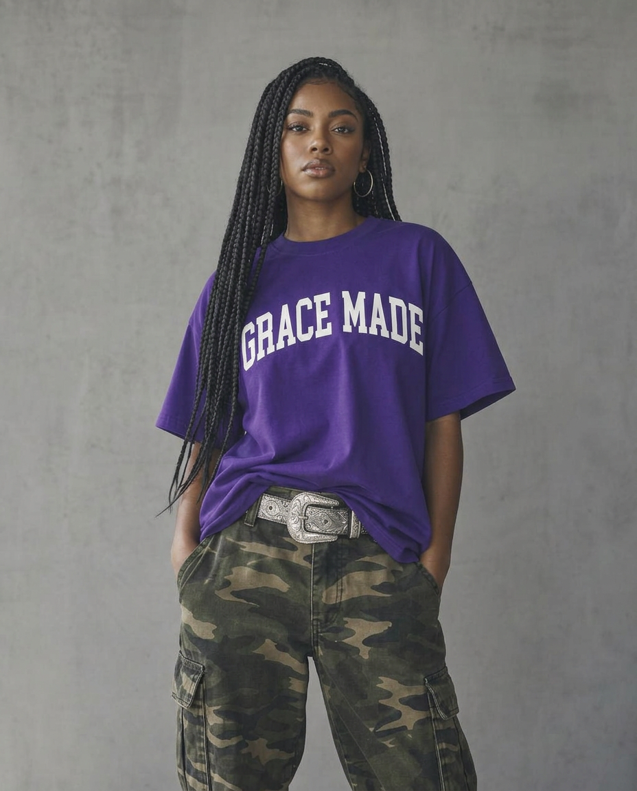 Woman with afro braids in purple Grace Made tee