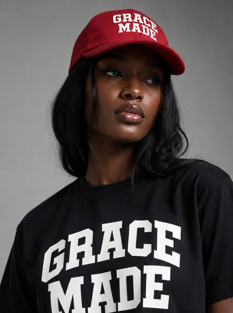 Woman in black Grace Made tee and red Grace Made cap